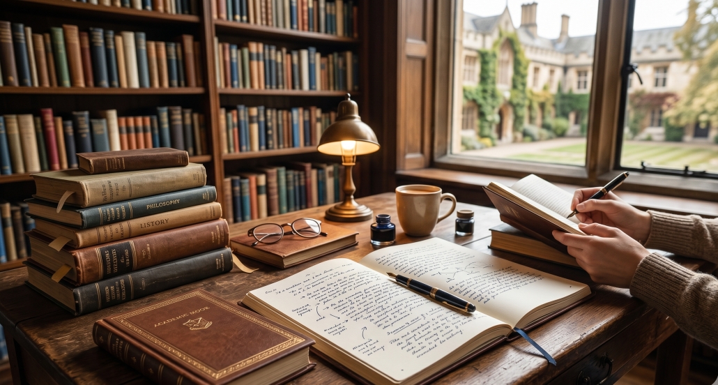 A scholarly wooden desk with a fountain pen, open notebook, and stacks of books against a backdrop of a library window and university courtyard.