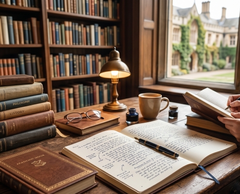 A scholarly wooden desk with a fountain pen, open notebook, and stacks of books against a backdrop of a library window and university courtyard.