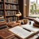 A scholarly wooden desk with a fountain pen, open notebook, and stacks of books against a backdrop of a library window and university courtyard.