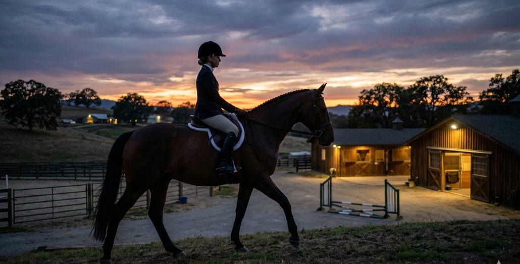 A female equestrian in professional attire riding a bay horse at dusk, with a high-end stable and sunset hills in the background.