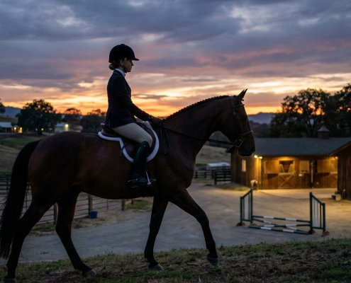 A female equestrian in professional attire riding a bay horse at dusk, with a high-end stable and sunset hills in the background.