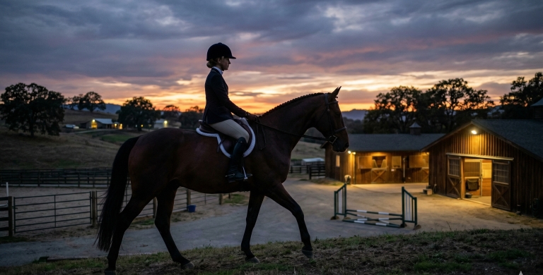A female equestrian in professional attire riding a bay horse at dusk, with a high-end stable and sunset hills in the background.