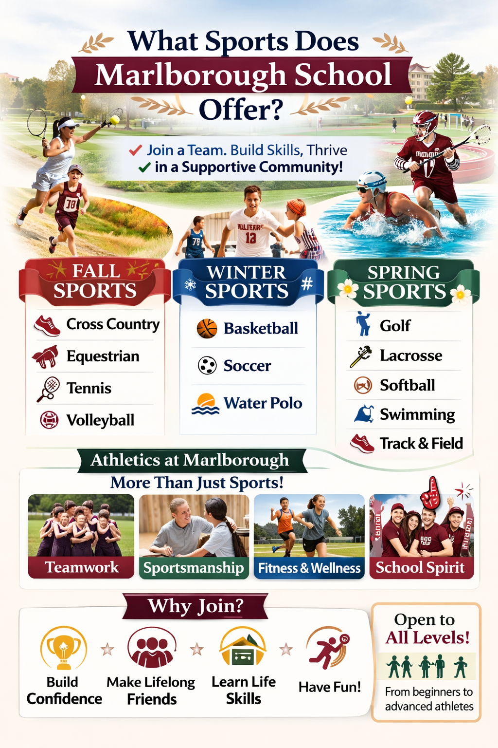 Infographic titled “What Sports Does Marlborough School Offer?” listing fall sports (cross country, equestrian, tennis, volleyball), winter sports (basketball, soccer, water polo), and spring sports (golf, lacrosse, softball, swimming, track and field), highlighting teamwork and confidence.