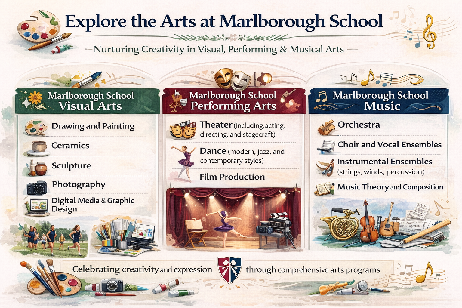 Infographic titled “Explore the Arts at Marlborough School” outlining three programs: Visual Arts (drawing, ceramics, sculpture, photography, digital media), Performing Arts (theater, dance, film), and Music (orchestra, choir, instrumental ensembles, music theory and composition).