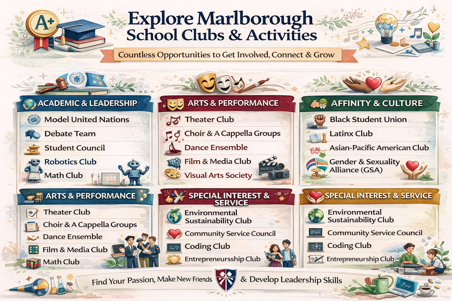 Infographic titled “Explore Marlborough School Clubs & Activities” listing clubs by category: Academic and Leadership, Arts and Performance, Affinity and Culture, and Special Interest and Service, including Model UN, Debate, Theater, Black Student Union, Coding, and Environmental Sustainability Club.