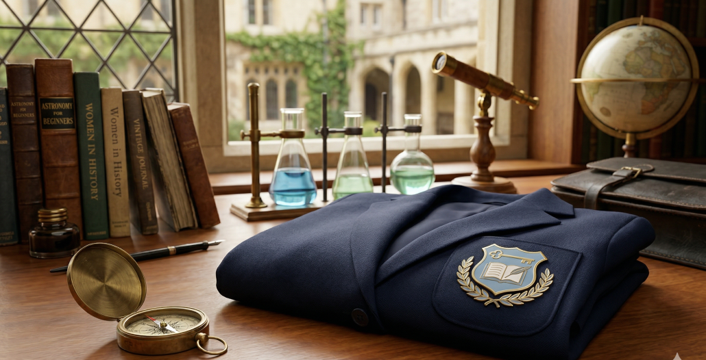 A scholarly wooden desk featuring a folded navy blue school blazer with a generic crest, surrounded by vintage books, laboratory flasks, a globe, and a compass, set against a blurred courtyard window.