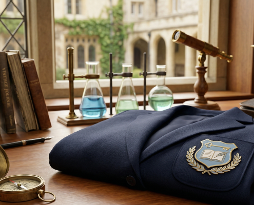 A scholarly wooden desk featuring a folded navy blue school blazer with a generic crest, surrounded by vintage books, laboratory flasks, a globe, and a compass, set against a blurred courtyard window.