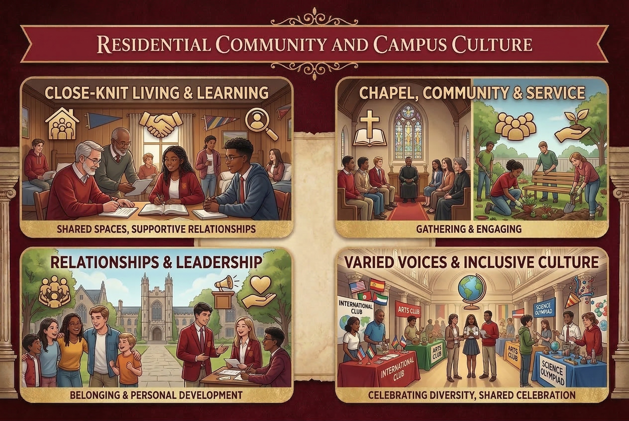 Infographic titled “Residential Community and Campus Culture” at St. Paul’s School showing four themes: close-knit living and learning in shared residential spaces, chapel gatherings and community service activities, relationships and student leadership development, and an inclusive culture celebrating diverse voices and global perspectives.