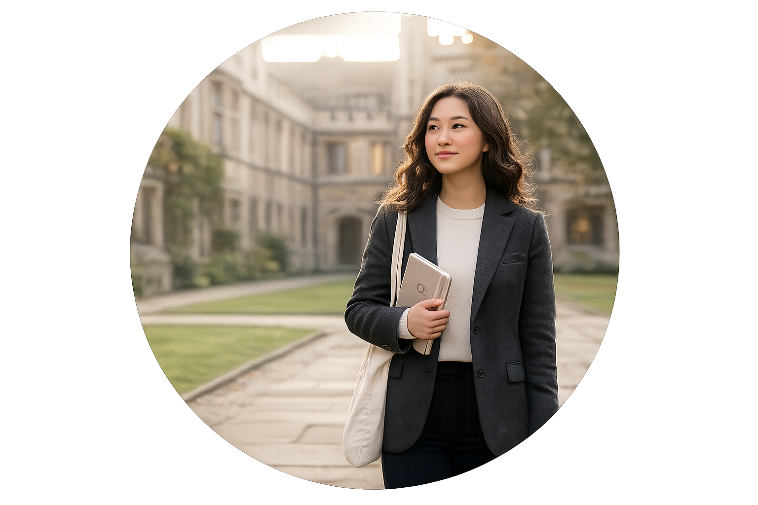 Student standing confidently on a university campus walkway, holding a notebook, framed in a centered circular crop.