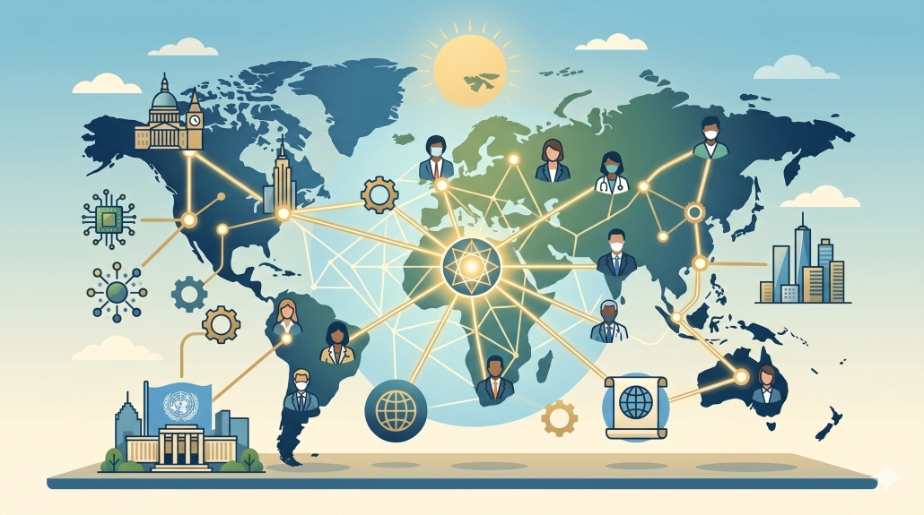An abstract world map illustration featuring a glowing central network hub with interconnected lines reaching various global landmarks, professional icons, and stylized silhouettes, representing a global alumni network and career success.