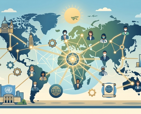 An abstract world map illustration featuring a glowing central network hub with interconnected lines reaching various global landmarks, professional icons, and stylized silhouettes, representing a global alumni network and career success.
