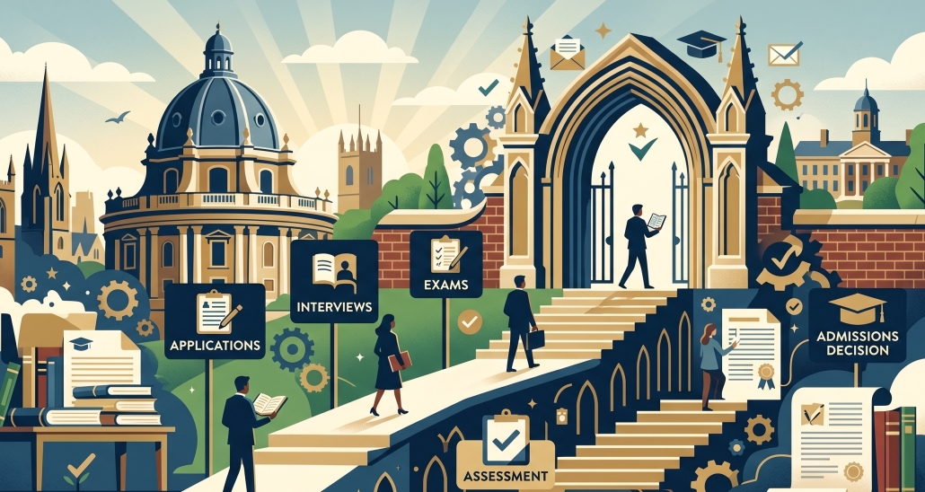 An illustrative graphic depicting a selective academic admissions journey, featuring students walking up steps toward a grand archway and a domed building, with icons for exams, interviews, and assessments.