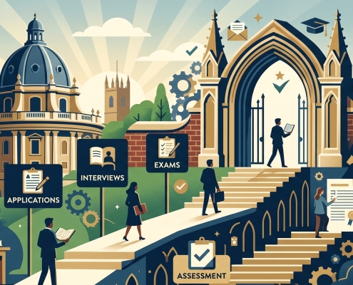 An illustrative graphic depicting a selective academic admissions journey, featuring students walking up steps toward a grand archway and a domed building, with icons for exams, interviews, and assessments.