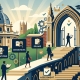 An illustrative graphic depicting a selective academic admissions journey, featuring students walking up steps toward a grand archway and a domed building, with icons for exams, interviews, and assessments.