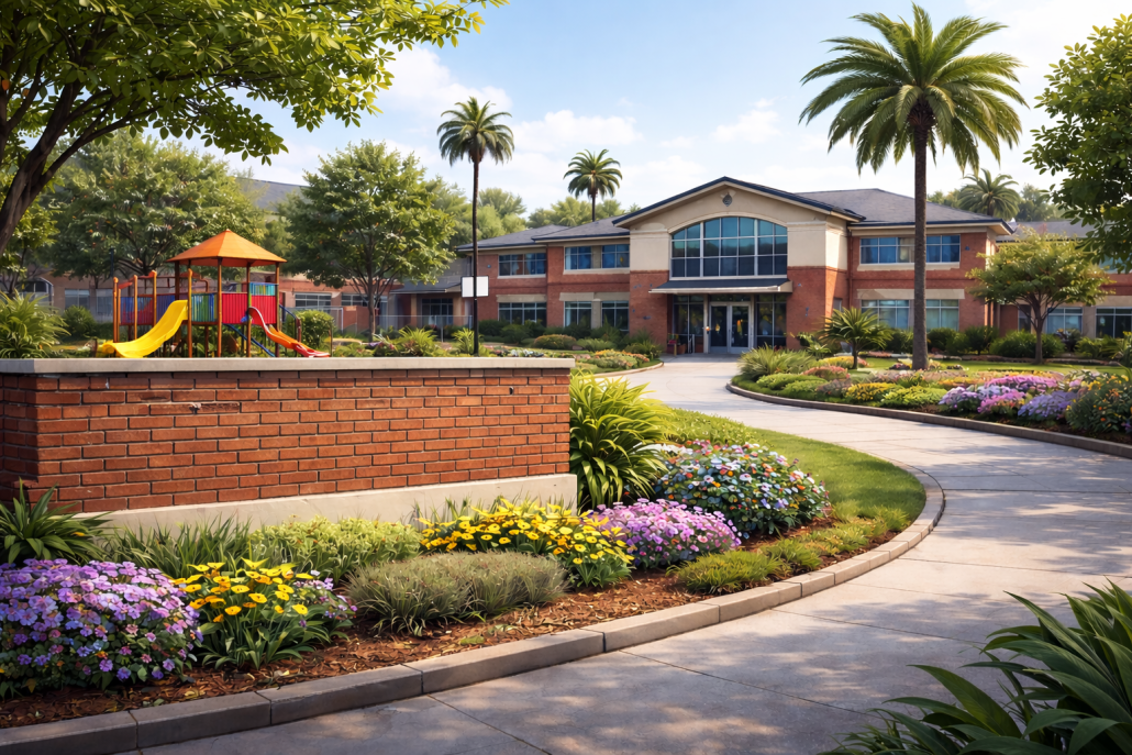 Realistic photograph of a well-maintained school campus with a two-story brick building, curved walkway leading to the entrance, landscaped gardens with colorful flowers, tall palm trees, and a playground structure in the background under a clear blue sky.