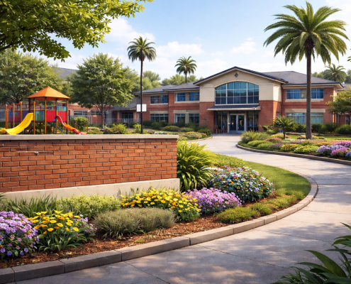 Realistic photograph of a well-maintained school campus with a two-story brick building, curved walkway leading to the entrance, landscaped gardens with colorful flowers, tall palm trees, and a playground structure in the background under a clear blue sky.
