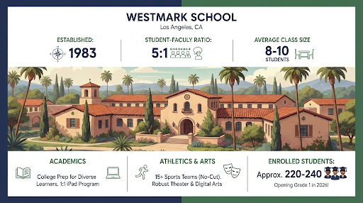 Infographic for Westmark School in Los Angeles highlighting key facts: established in 1983, 5:1 student-faculty ratio, average class size of 8-10 students, and an enrollment of approximately 220-240 students. It features an illustration of the school campus with palm trees.
