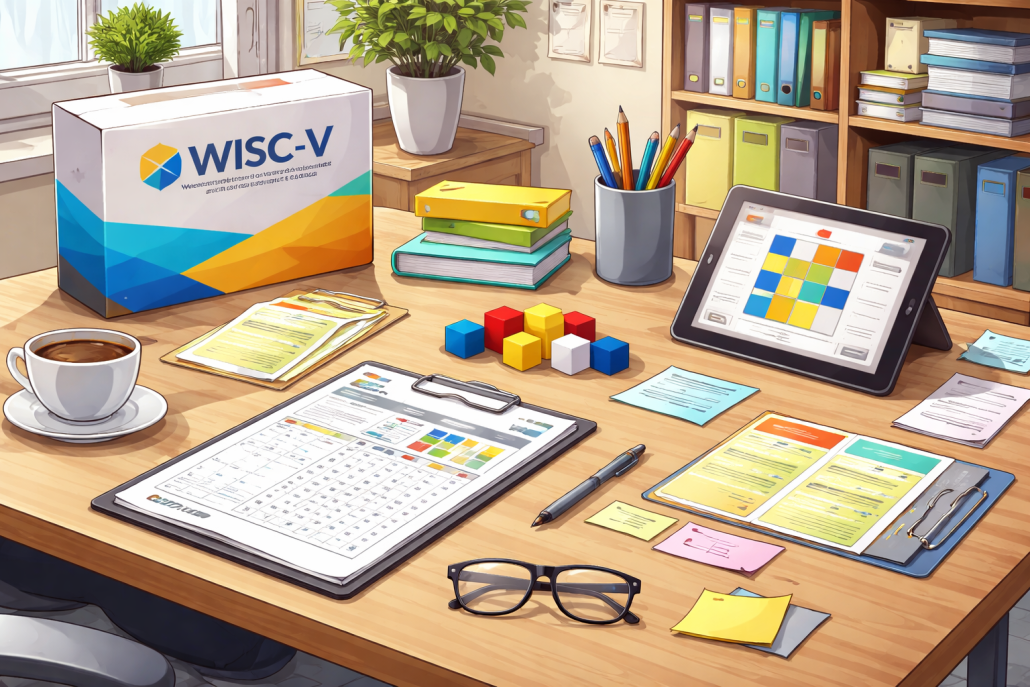 Illustration of a neuropsychological testing workspace featuring structured assessment materials, colorful cognitive testing blocks, evaluation sheets on a clipboard, and a tablet displaying pattern-based tasks, arranged neatly on a desk in a calm office setting.