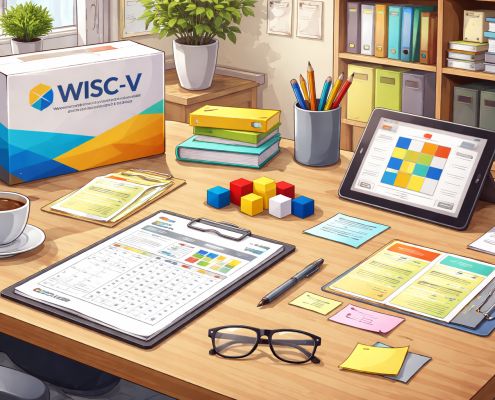 Illustration of a neuropsychological testing workspace featuring structured assessment materials, colorful cognitive testing blocks, evaluation sheets on a clipboard, and a tablet displaying pattern-based tasks, arranged neatly on a desk in a calm office setting.