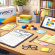 Illustration of a neuropsychological testing workspace featuring structured assessment materials, colorful cognitive testing blocks, evaluation sheets on a clipboard, and a tablet displaying pattern-based tasks, arranged neatly on a desk in a calm office setting.