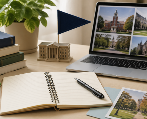 Cozy study desk with notebook, laptop displaying campus images, books, and stationery in a warm academic setting.