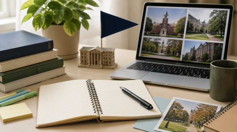 Cozy study desk with notebook, laptop displaying campus images, books, and stationery in a warm academic setting.
