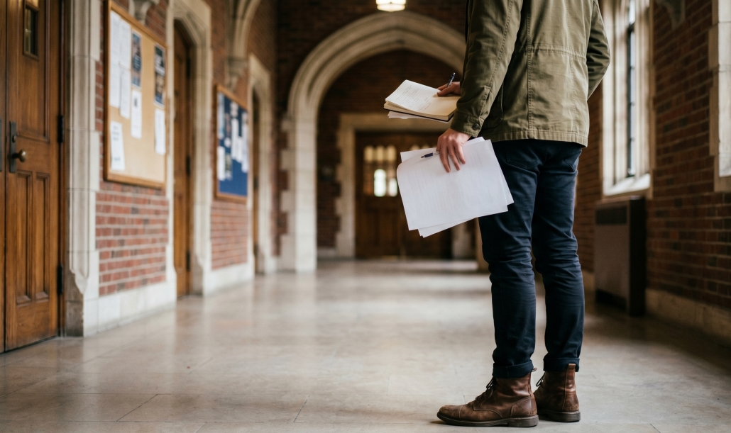 A student stands in a college hallway holding a notebook and papers.