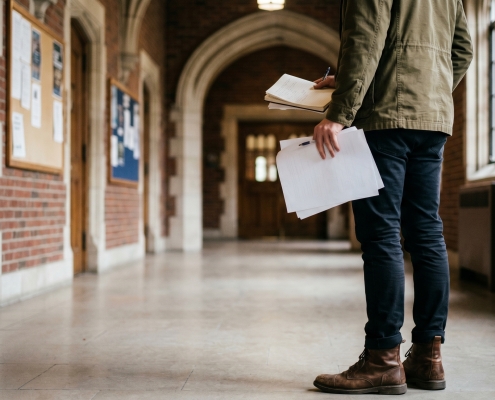 A student stands in a college hallway holding a notebook and papers.
