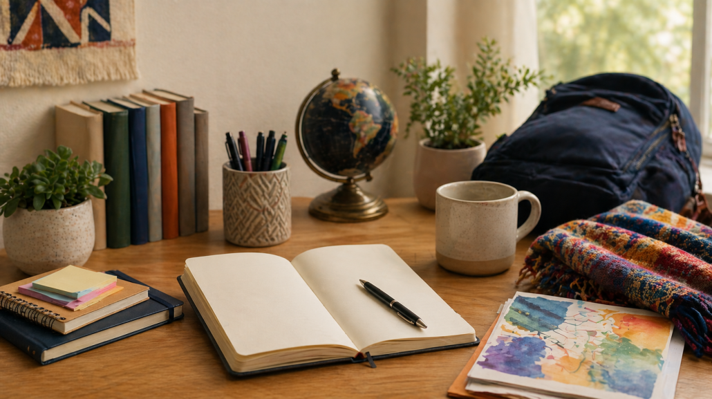 Cozy study desk with an open notebook, globe, plants, colorful books, and art supplies in warm natural light, symbolizing creativity and diversity.