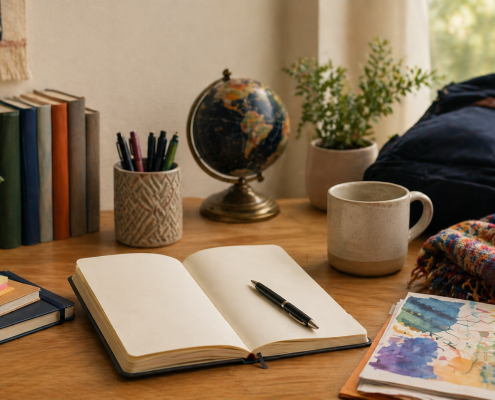 Cozy study desk with an open notebook, globe, plants, colorful books, and art supplies in warm natural light, symbolizing creativity and diversity.