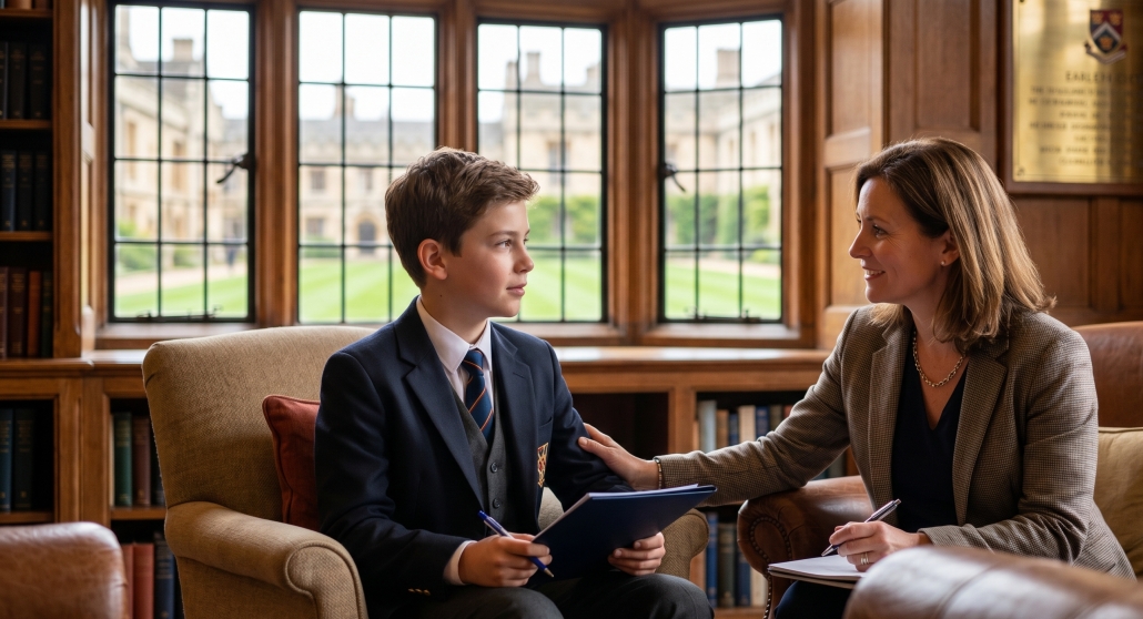 A young boy in a school uniform sits opposite a smiling woman in a wood-paneled library, both holding writing materials.