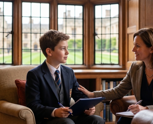 A young boy in a school uniform sits opposite a smiling woman in a wood-paneled library, both holding writing materials.