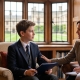A young boy in a school uniform sits opposite a smiling woman in a wood-paneled library, both holding writing materials.