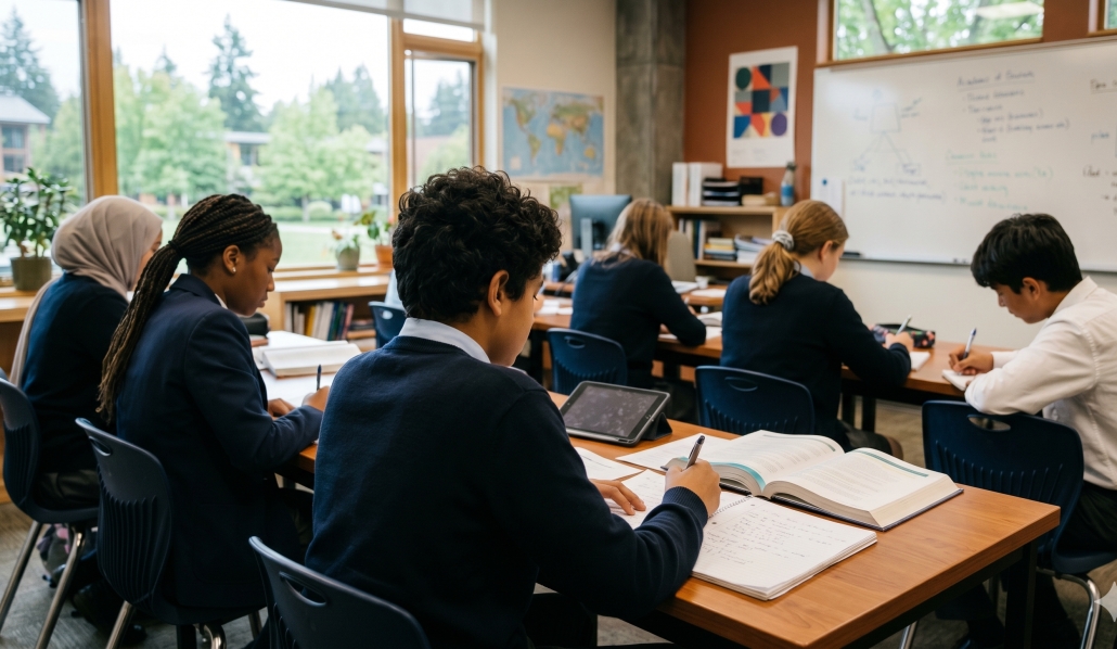 Diverse students in navy school uniforms sit at desks in a bright classroom, focused on writing in notebooks and reading textbooks.