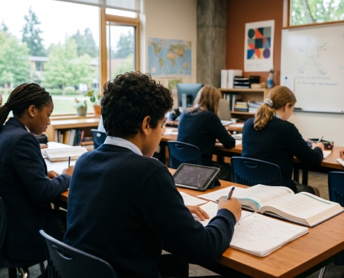Diverse students in navy school uniforms sit at desks in a bright classroom, focused on writing in notebooks and reading textbooks.
