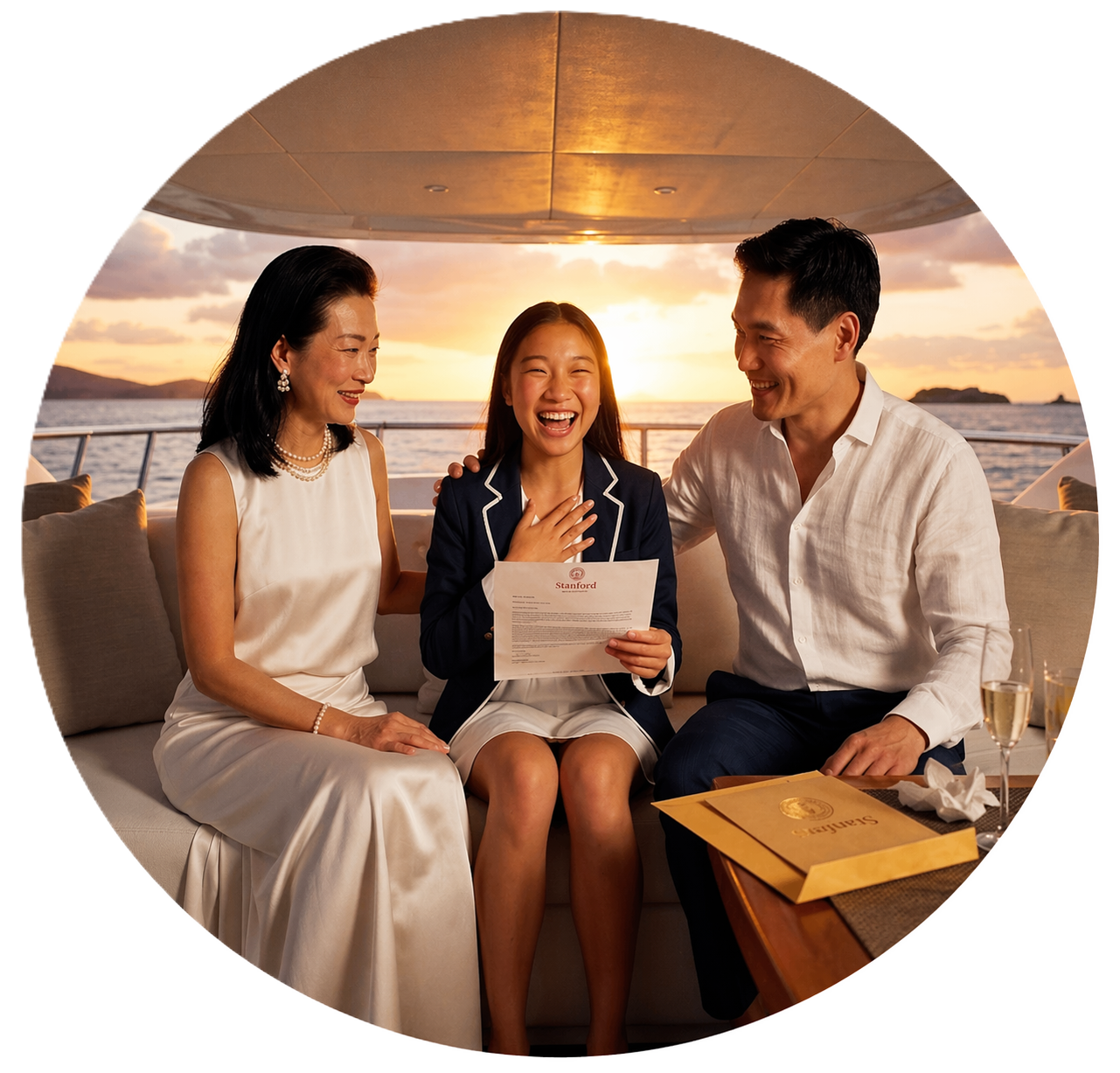 Smiling student holding an acceptance letter, sitting with proud parents on a yacht at sunset, framed in a circular crop.