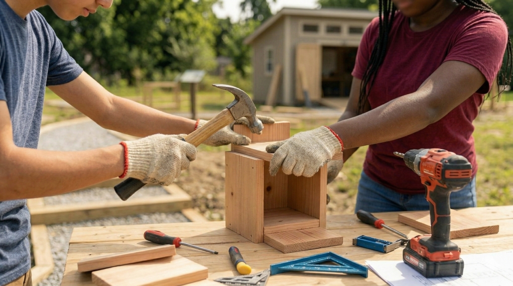 Students collaborating outdoors on a woodworking service project, using a hammer and drill to build a wooden box.