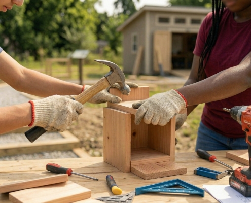 Students collaborating outdoors on a woodworking service project, using a hammer and drill to build a wooden box.