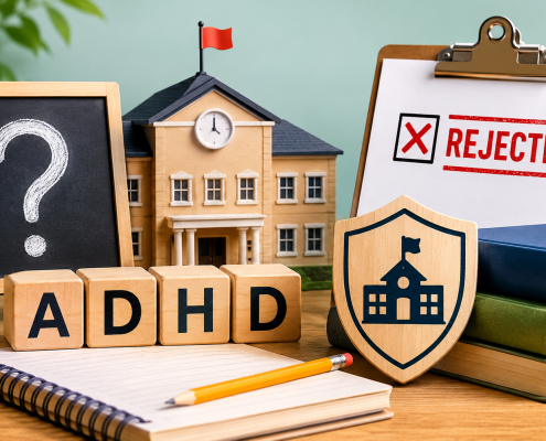ADHD school admission concept with rejected application and desk setup.