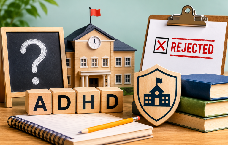 ADHD school admission concept with rejected application and desk setup.