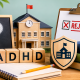 ADHD school admission concept with rejected application and desk setup.