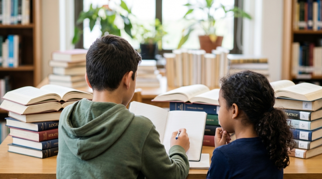 Two students seen from behind, studying together at a desk filled with books in a library, representing academic mentorship and coaching.