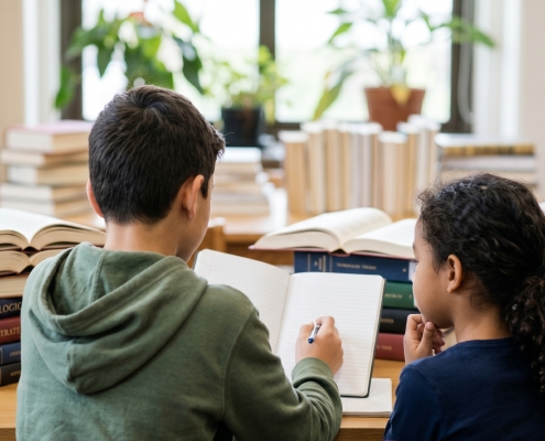 Two students seen from behind, studying together at a desk filled with books in a library, representing academic mentorship and coaching.