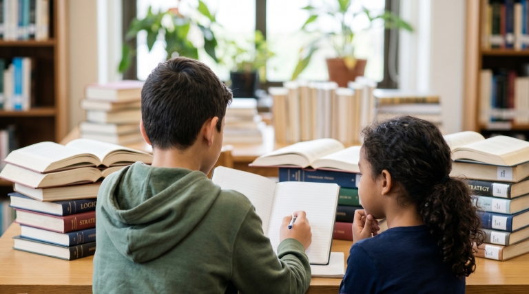 Two students seen from behind, studying together at a desk filled with books in a library, representing academic mentorship and coaching.