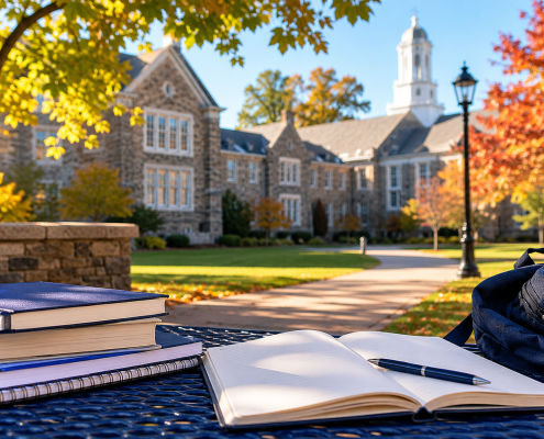 Sunlit academic desk by a window with stacked books, open notebook, pen, and backpack, creating a calm study environment with greenery outside.