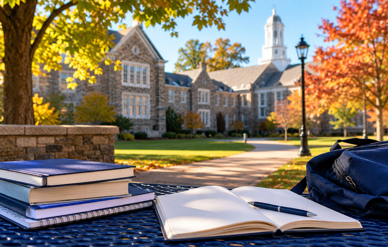 Sunlit academic desk by a window with stacked books, open notebook, pen, and backpack, creating a calm study environment with greenery outside.