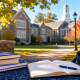 Sunlit academic desk by a window with stacked books, open notebook, pen, and backpack, creating a calm study environment with greenery outside.