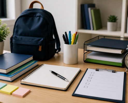 Organized study desk with notebooks, checklist, clock, and school supplies promoting planning and time management.