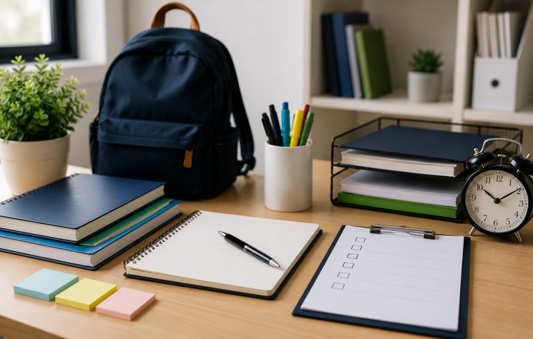 Organized study desk with notebooks, checklist, clock, and school supplies promoting planning and time management.