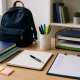 Organized study desk with notebooks, checklist, clock, and school supplies promoting planning and time management.